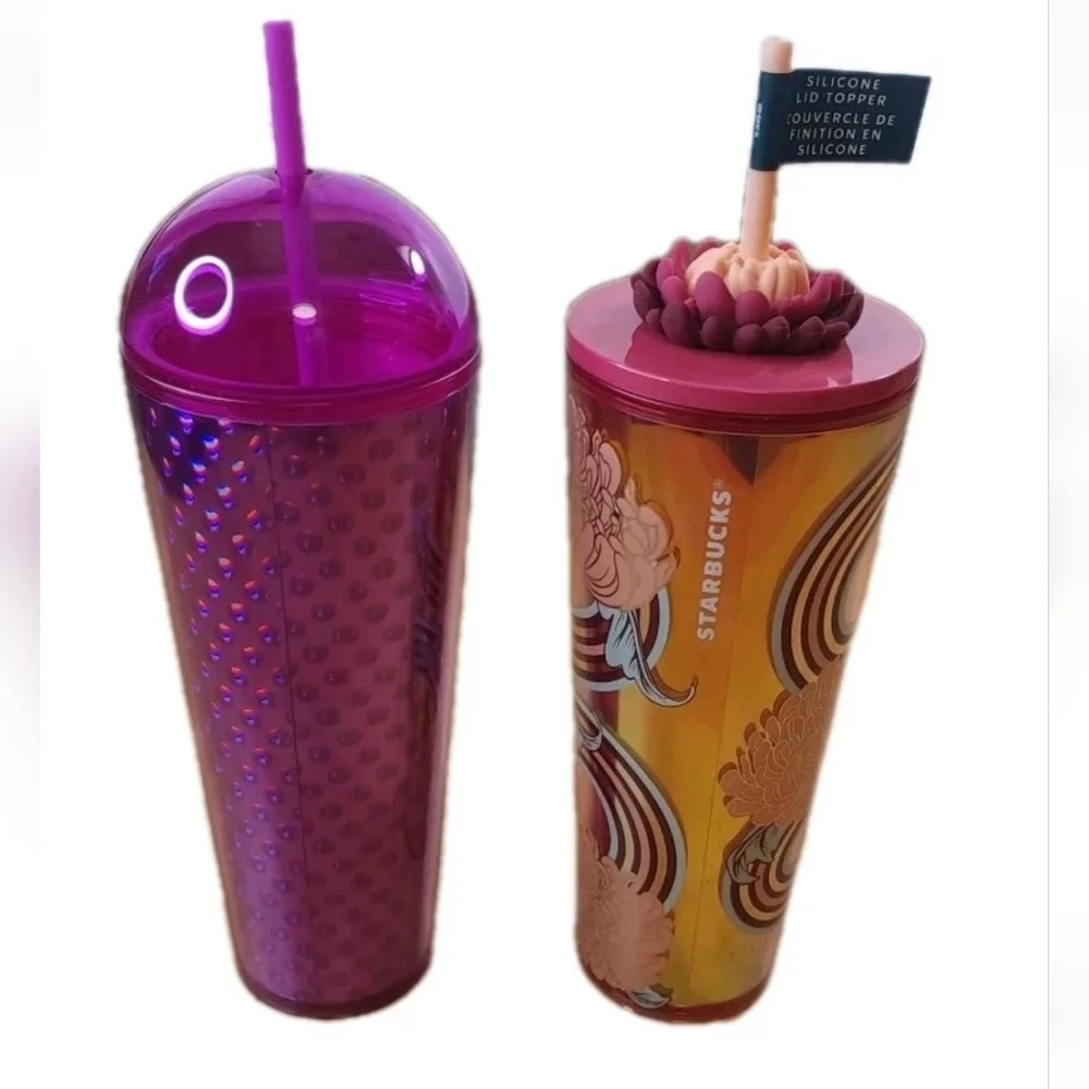Starbucks 2024 Plastic Tumbler 24 Oz Purple Dome Lid Metallic Floral